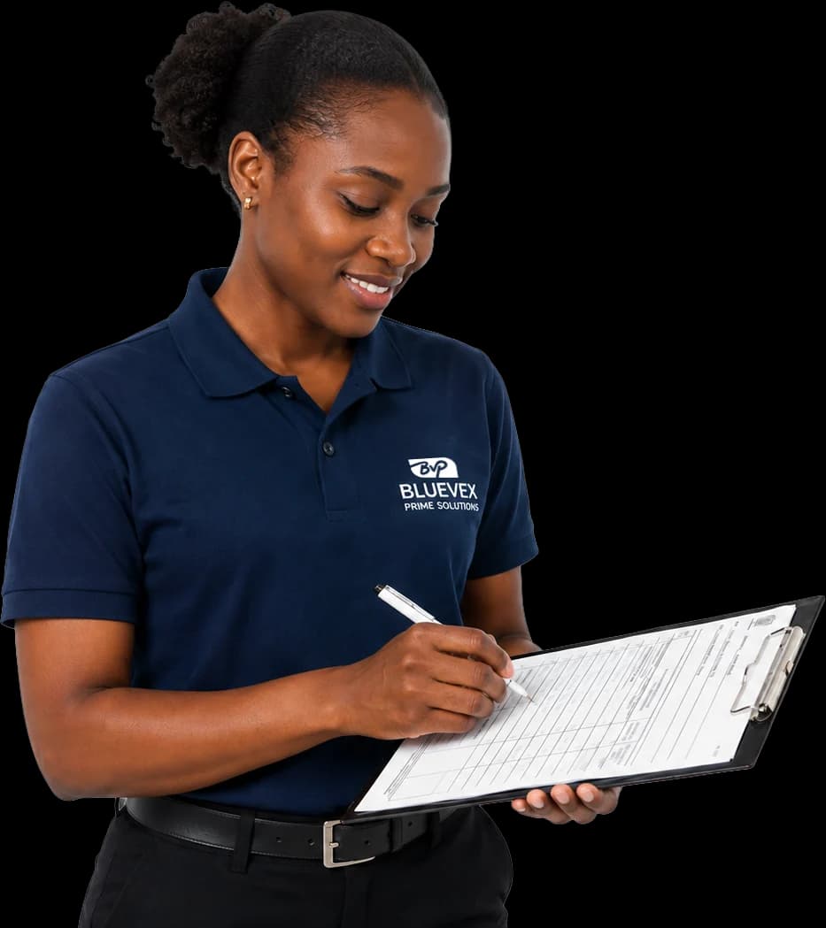 A Bluevex Prime Solutions team member checking a delivery schedule against a written specification.