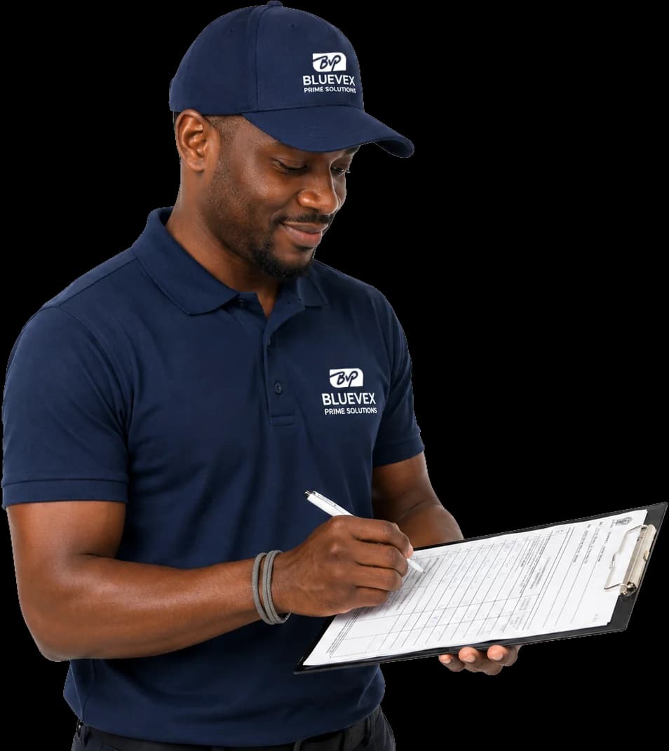 A Bluevex Prime Solutions team member recording delivery details on site.